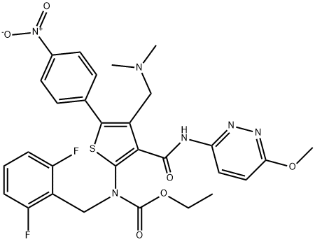 ອາຊິດຄາບາມິກ, N-[(2,6-difluorophenyl)methyl]-N-[4-[(dimethylamino)methyl]-3-[[(6-methoxy-3-pyridazinyl)amino]carbonyl]-5-(4 -nitrophenyl)-2-thienyl]-, ethyl ester